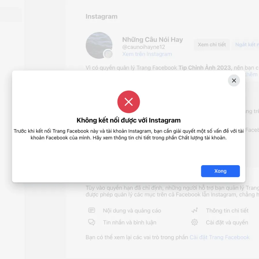Lỗi kết nối Instagram và Fanpage