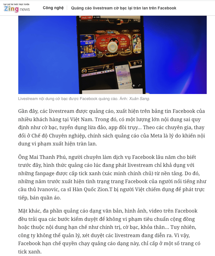 Quảng cáo livestream cờ bạc lại tràn lan trên Facebook