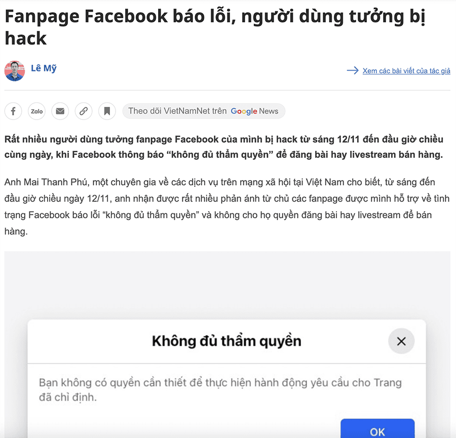 Fanpage Facebook báo lỗi, người dùng tưởng bị hack